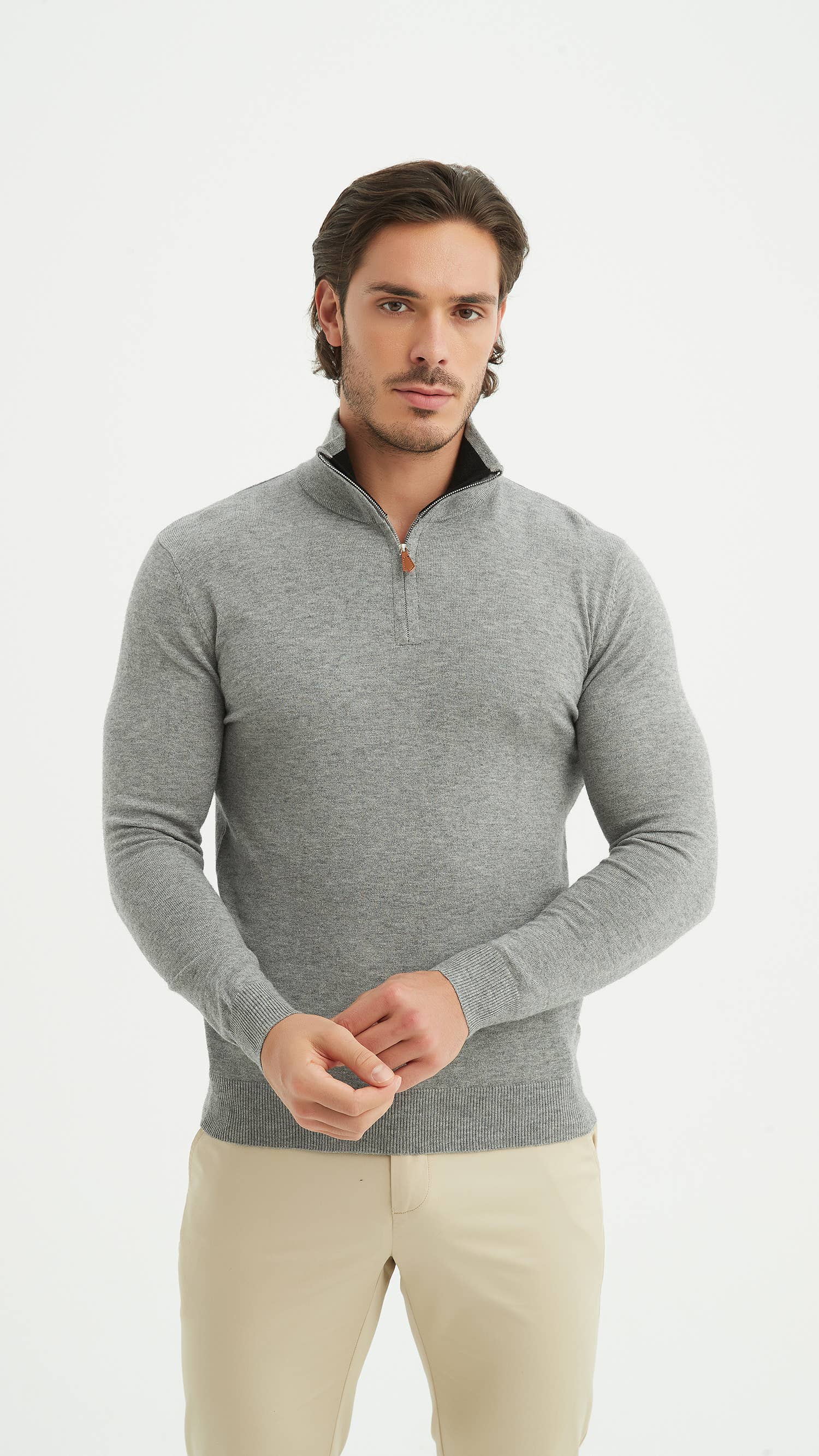 Maglione collo camionista effetto cashmere grigio argento