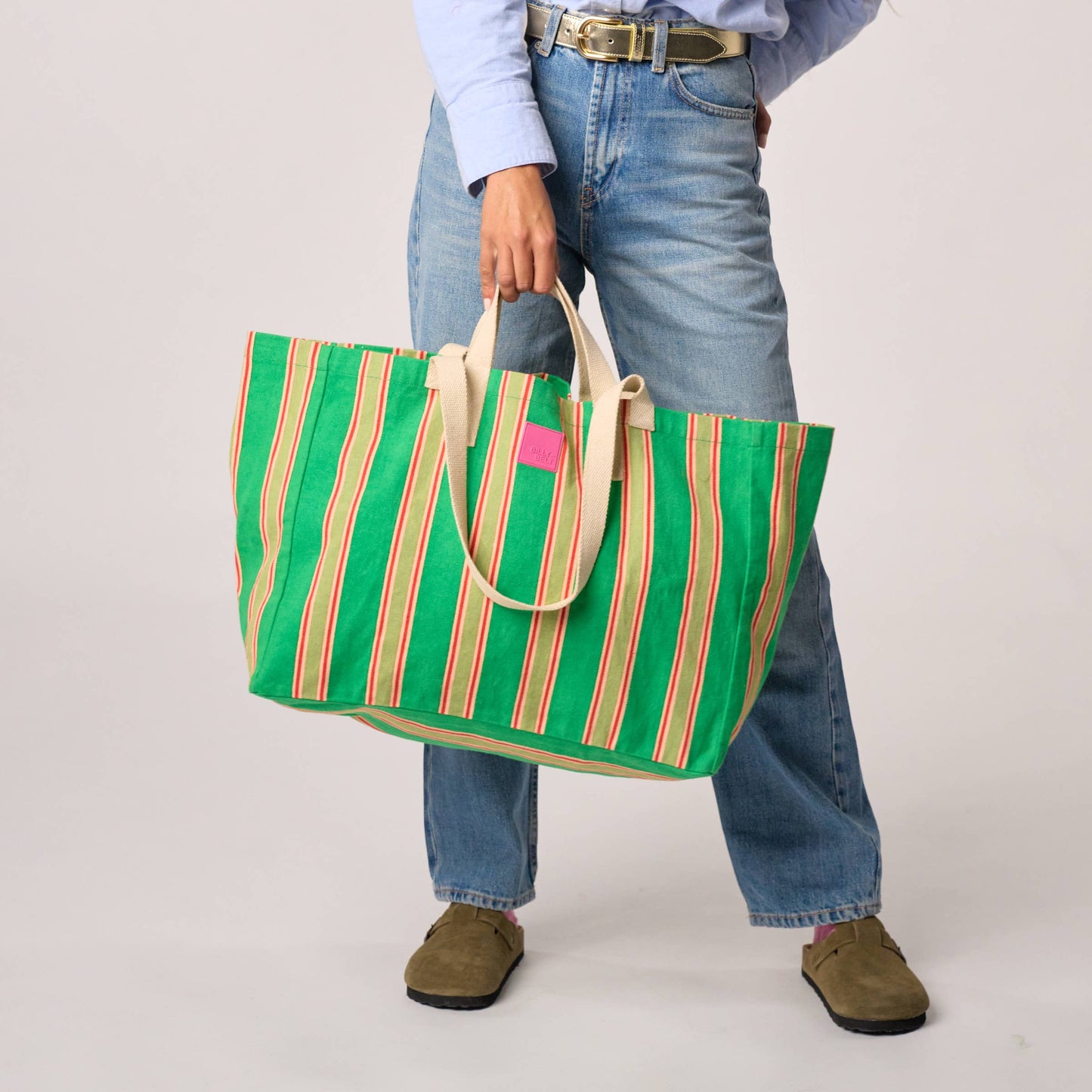 Borsa shopper a righe in cotone biologico verde