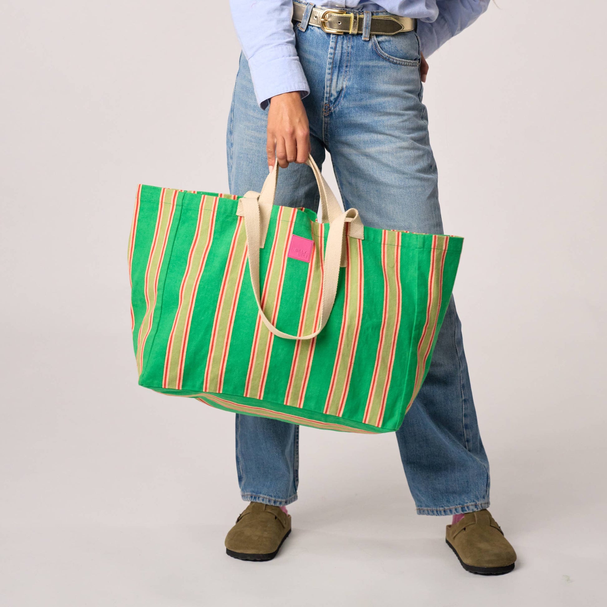 Borsa shopper a righe in cotone biologico verde