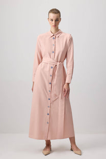Abito camicia lungo rosa in popeline con cintura