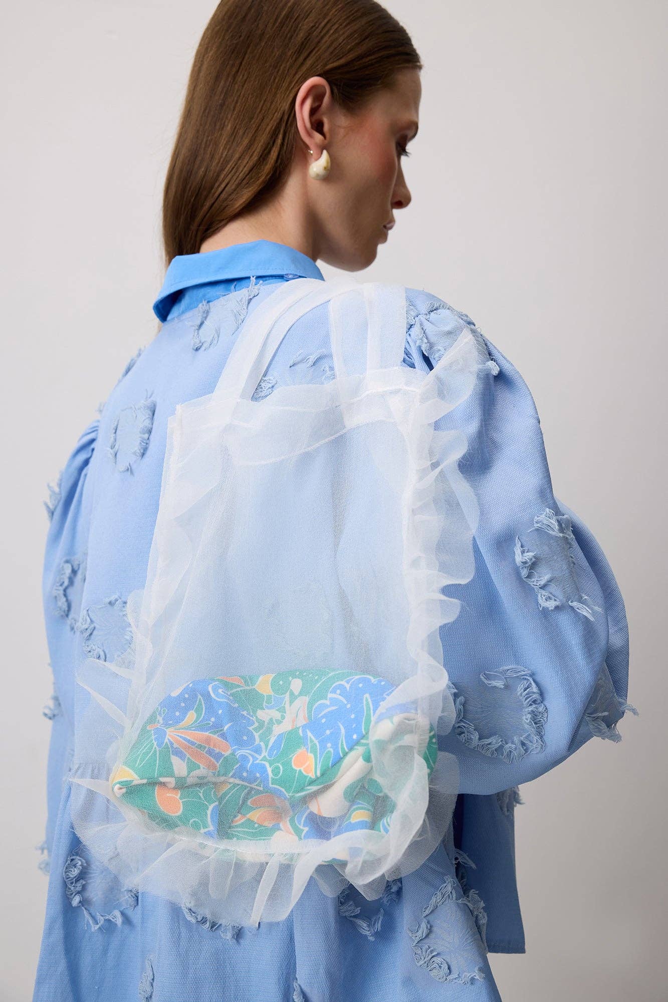 Borsa tote in organza trasparente con balze e pochette interna