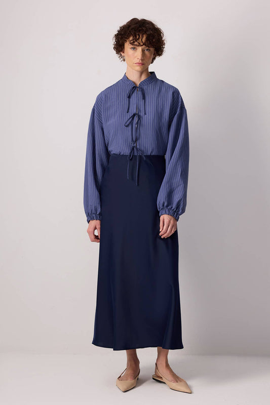 Gonna lunga in raso a linea A blu navy