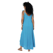 Abito lungo estivo in cotone blu con spalline annodate