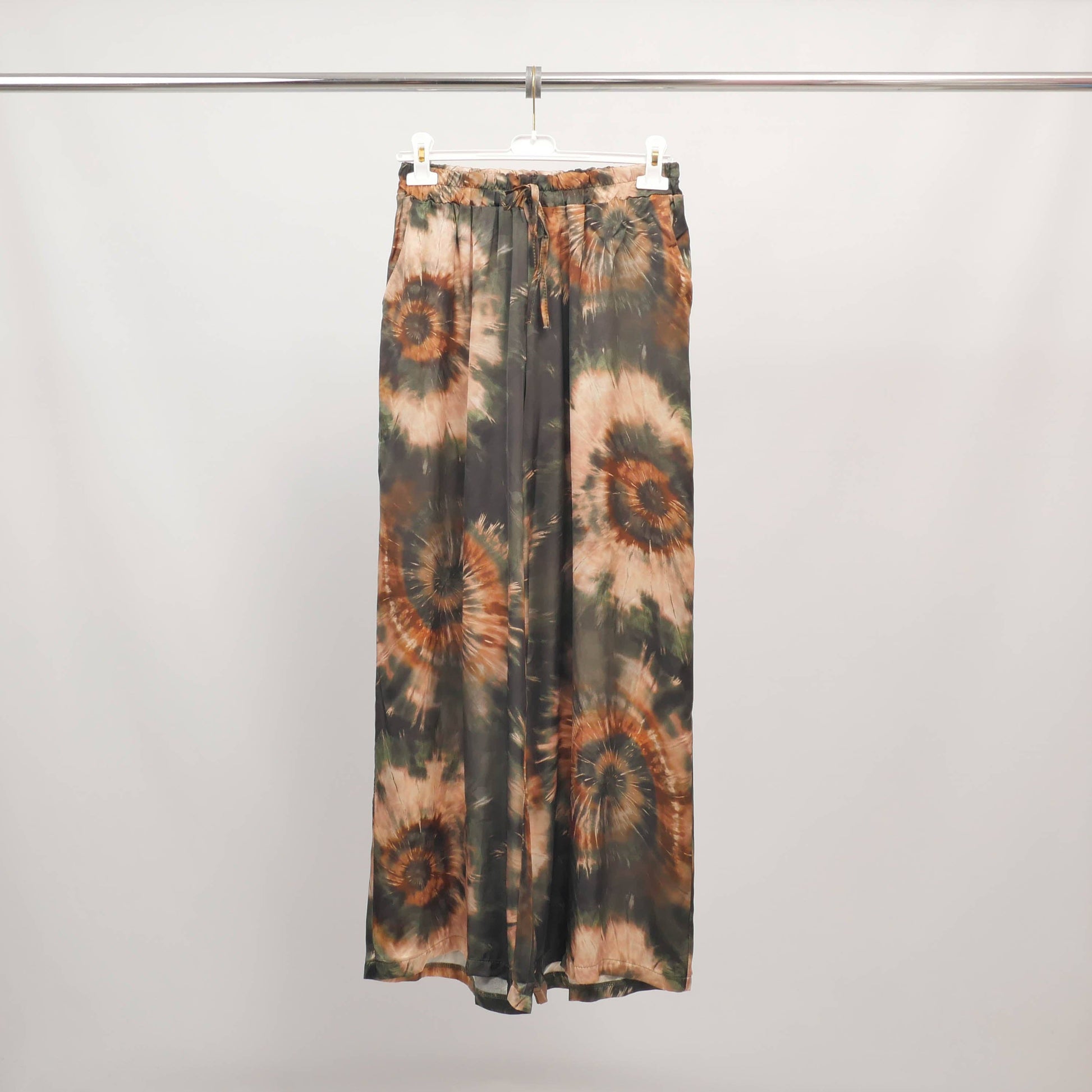 Pantaloni fluidi tie-dye in viscosa e seta