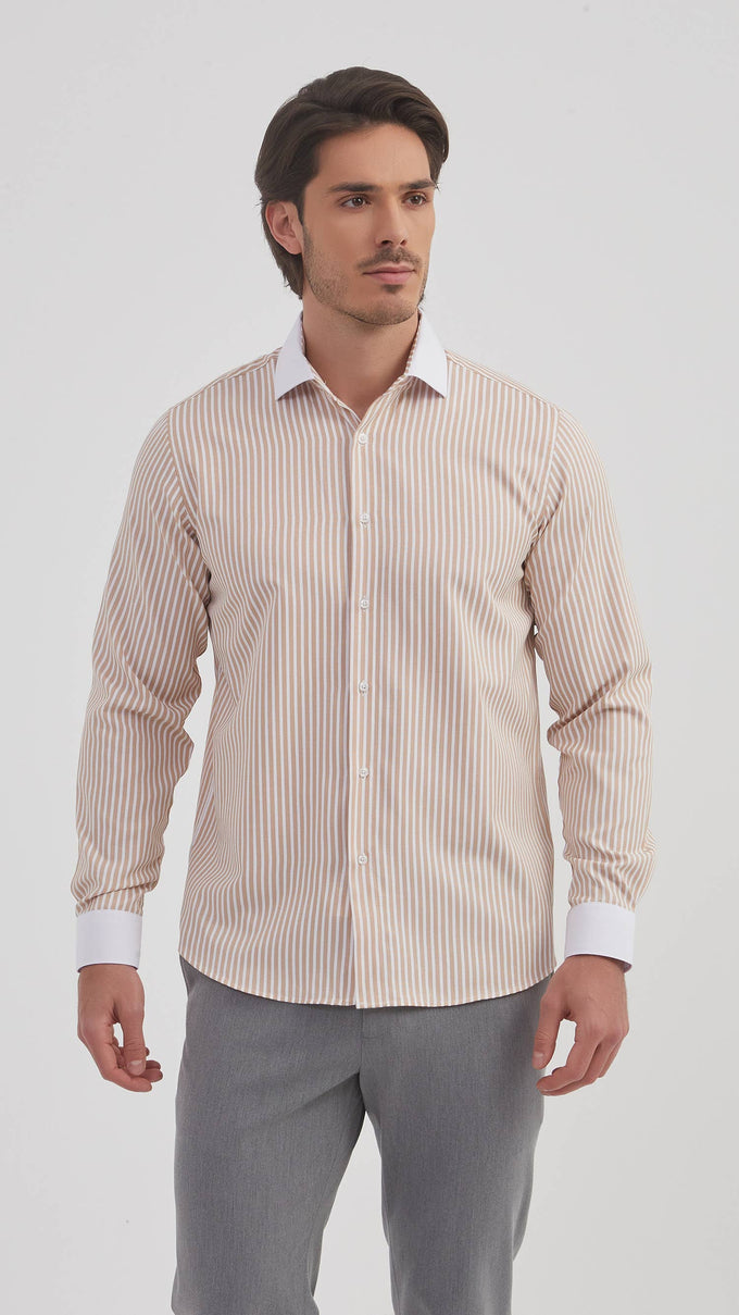 Camicia comfort a righe beige