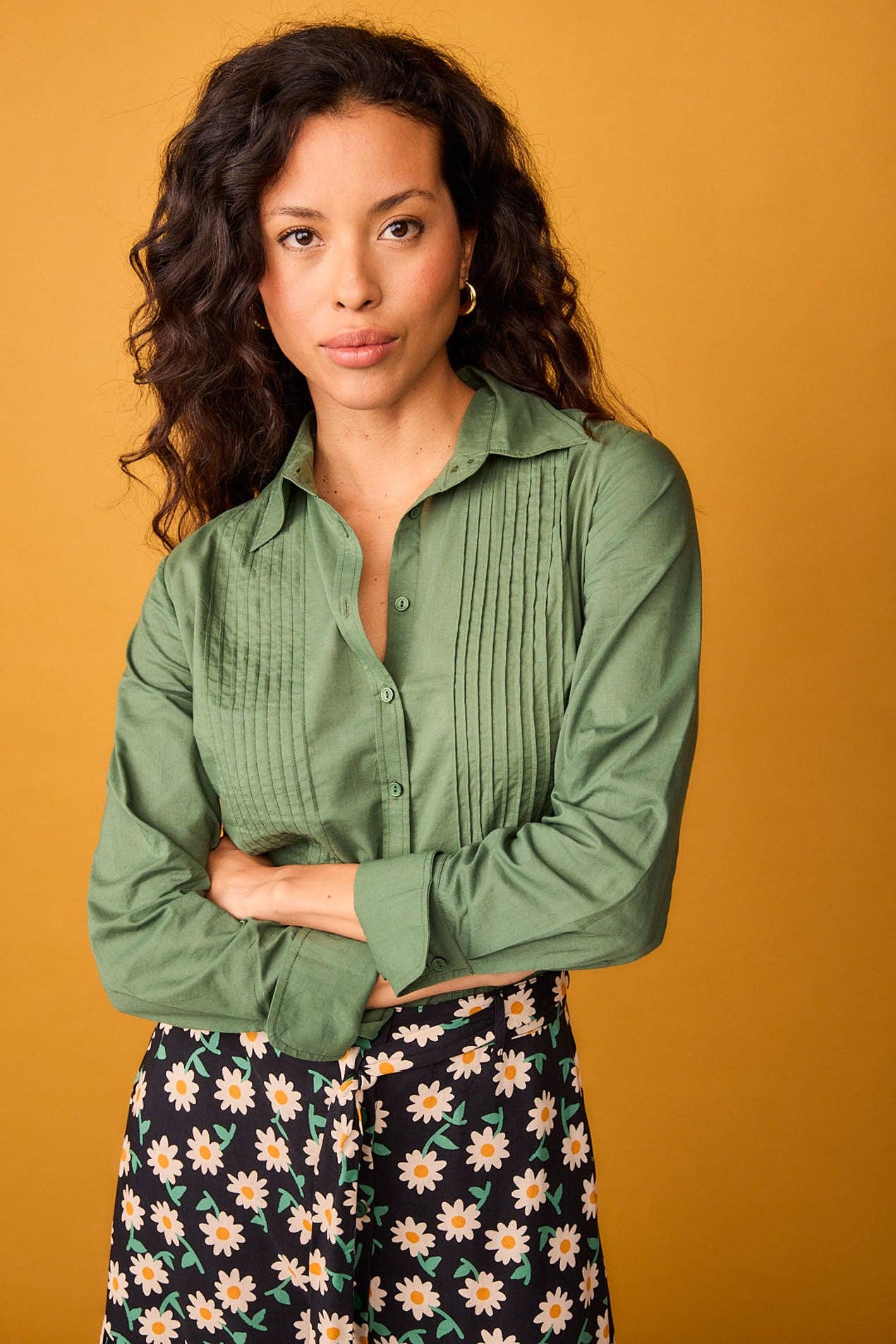 Camicia Rocio verde in cotone con pieghe