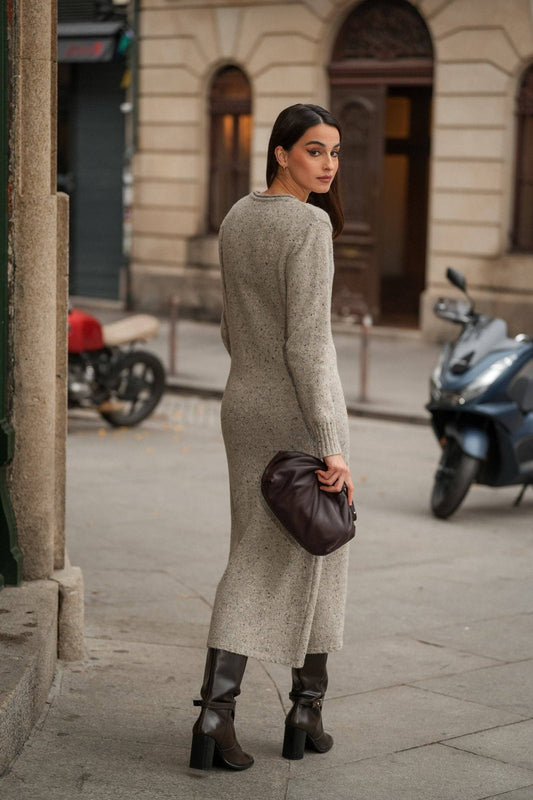 Abito lungo in maglia mélange effetto tweed