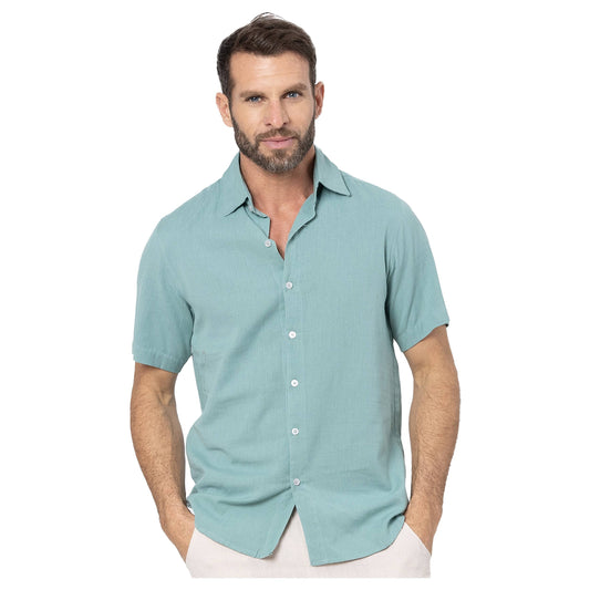 Camicia estiva uomo in lino e cotone turchese a maniche corte