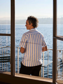 Camicia Orto a maniche corte in lino e cotone biologico a righe blu