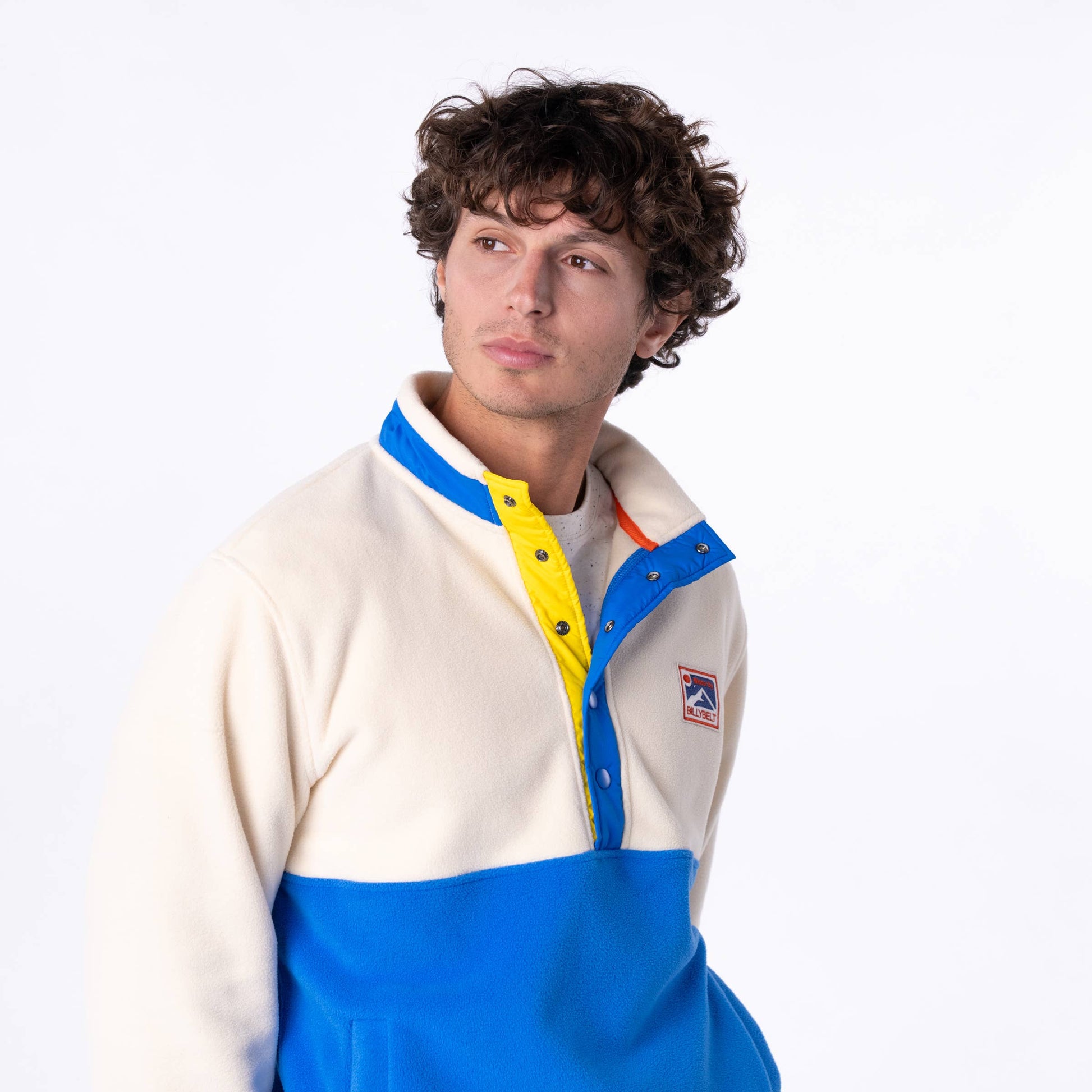 Felpa in pile bicolore bianca e blu con collo a bottoni