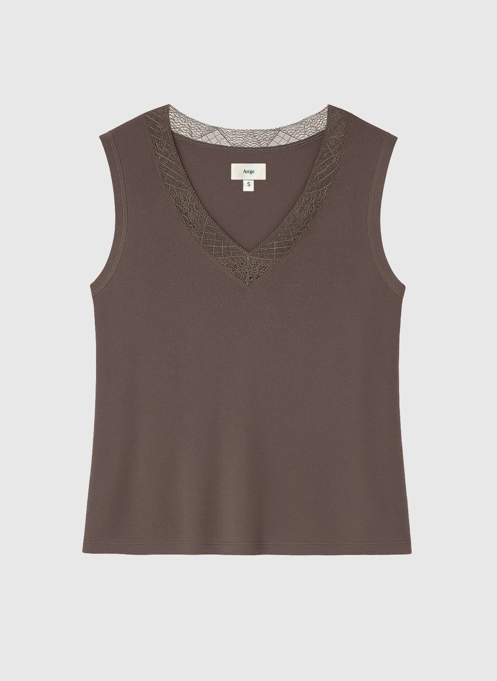Top senza maniche Asturie marrone con pizzo