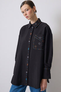 Camicia in 100% cotone con pietre di cristallo