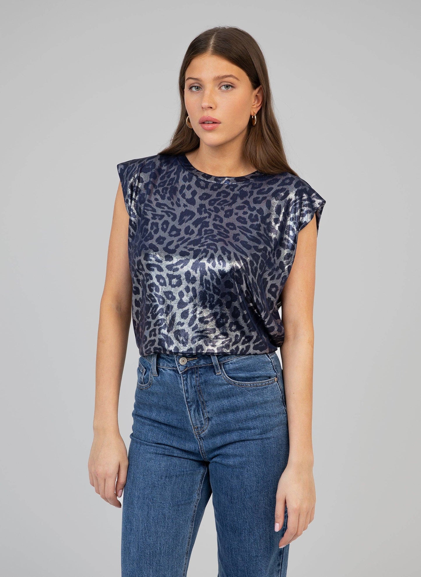T-shirt smanicata animalier metallizzata blu navy