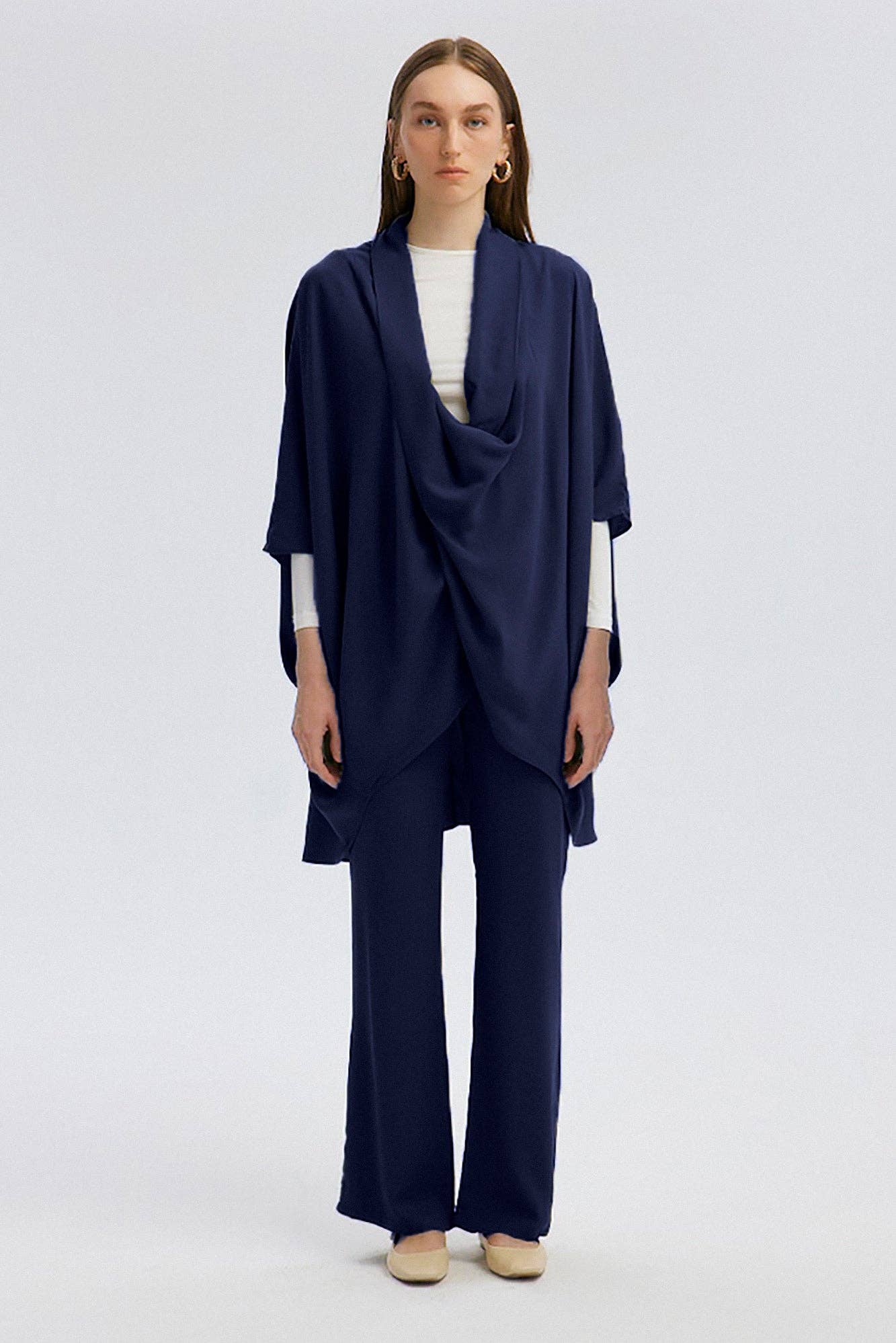 Tunica con collo arricciato blu navy