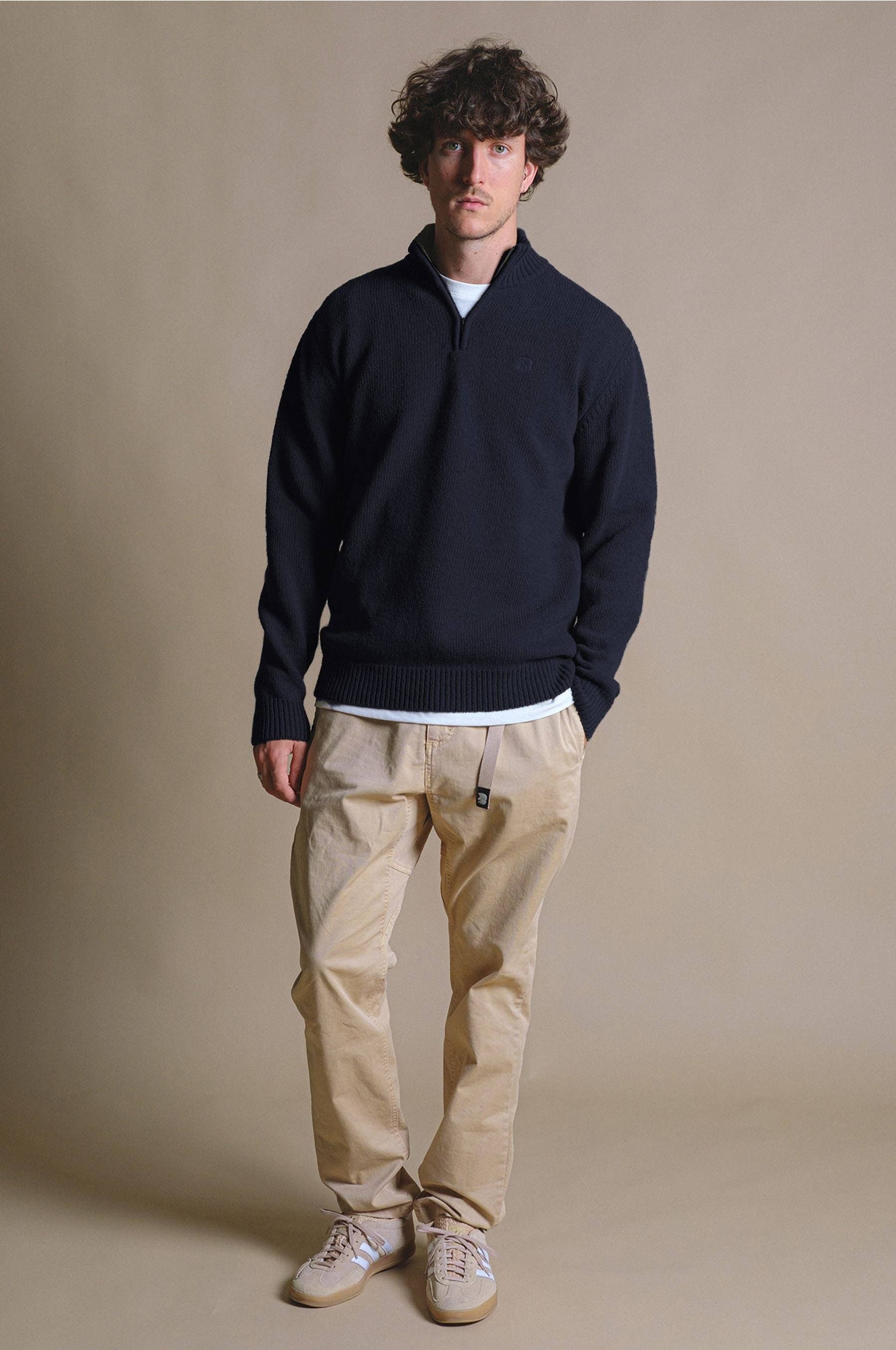Maglione uomo in lana jacquard con zip a un quarto blu oceano