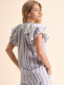 Blusa a righe in cotone e lino con maniche a volant