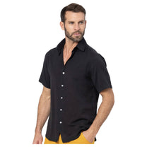 Camicia estiva uomo in cotone e lino nera a maniche corte