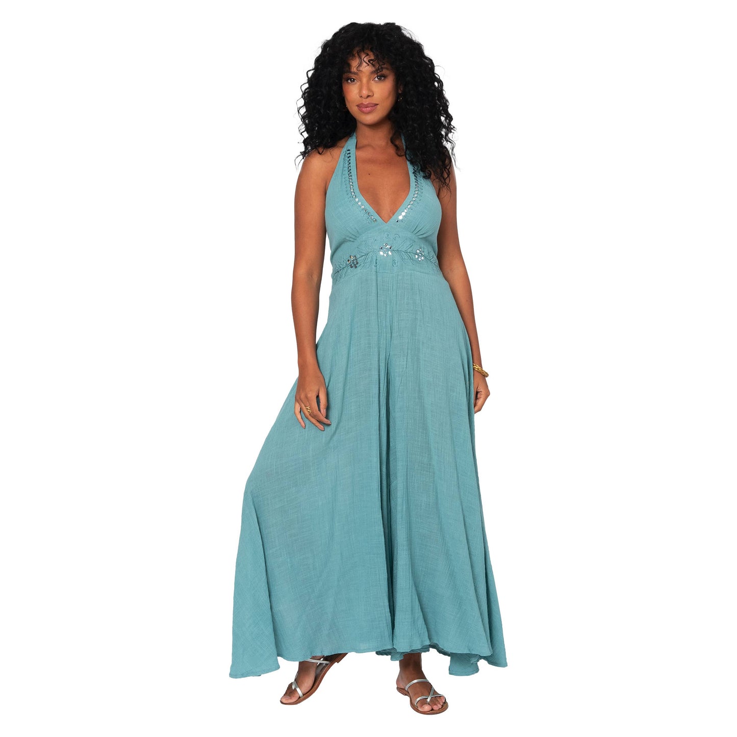 Tuta lunga estiva halter in cotone con schiena scoperta