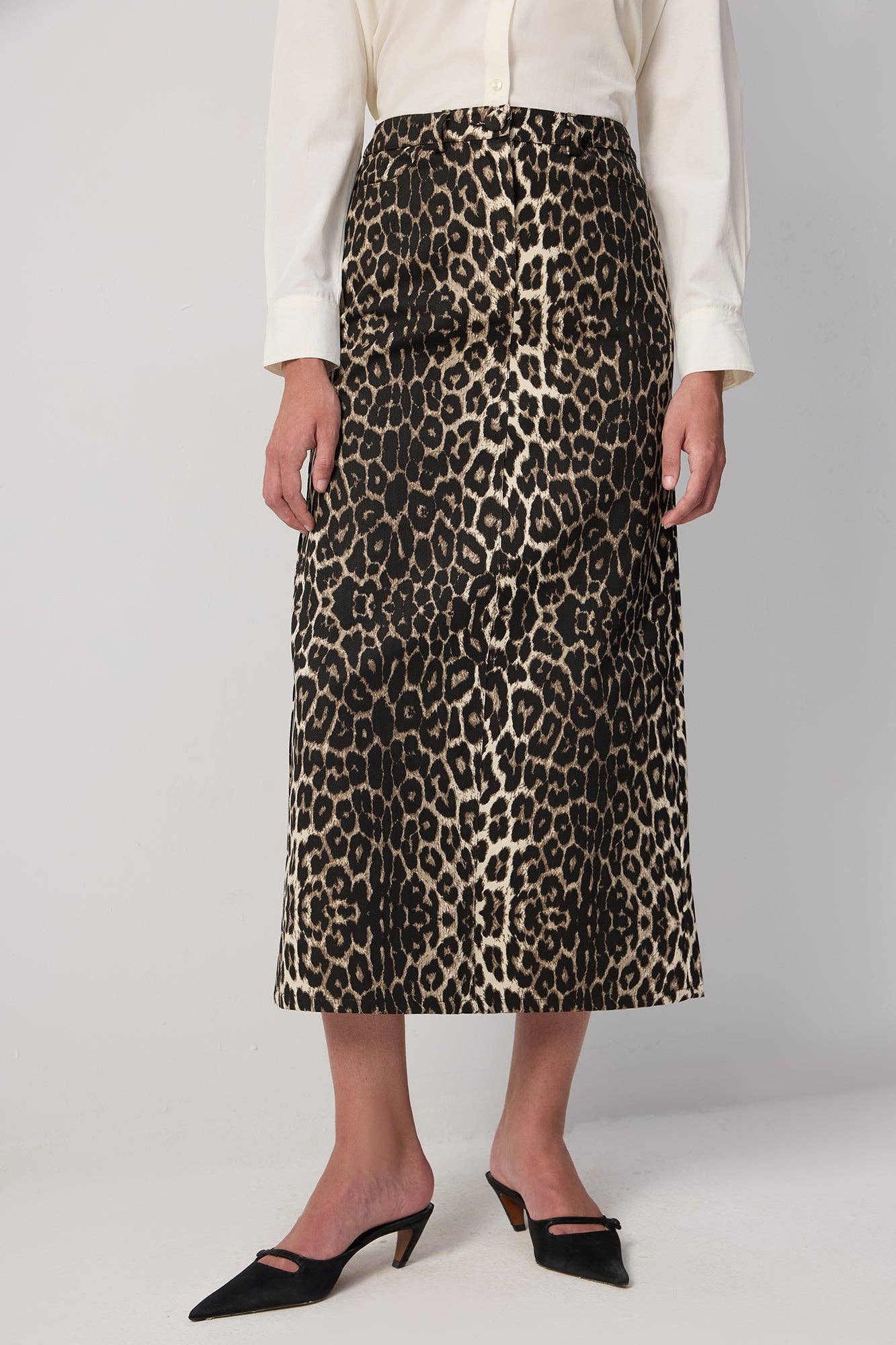 Gonna midi in gabardine con stampa leopardata