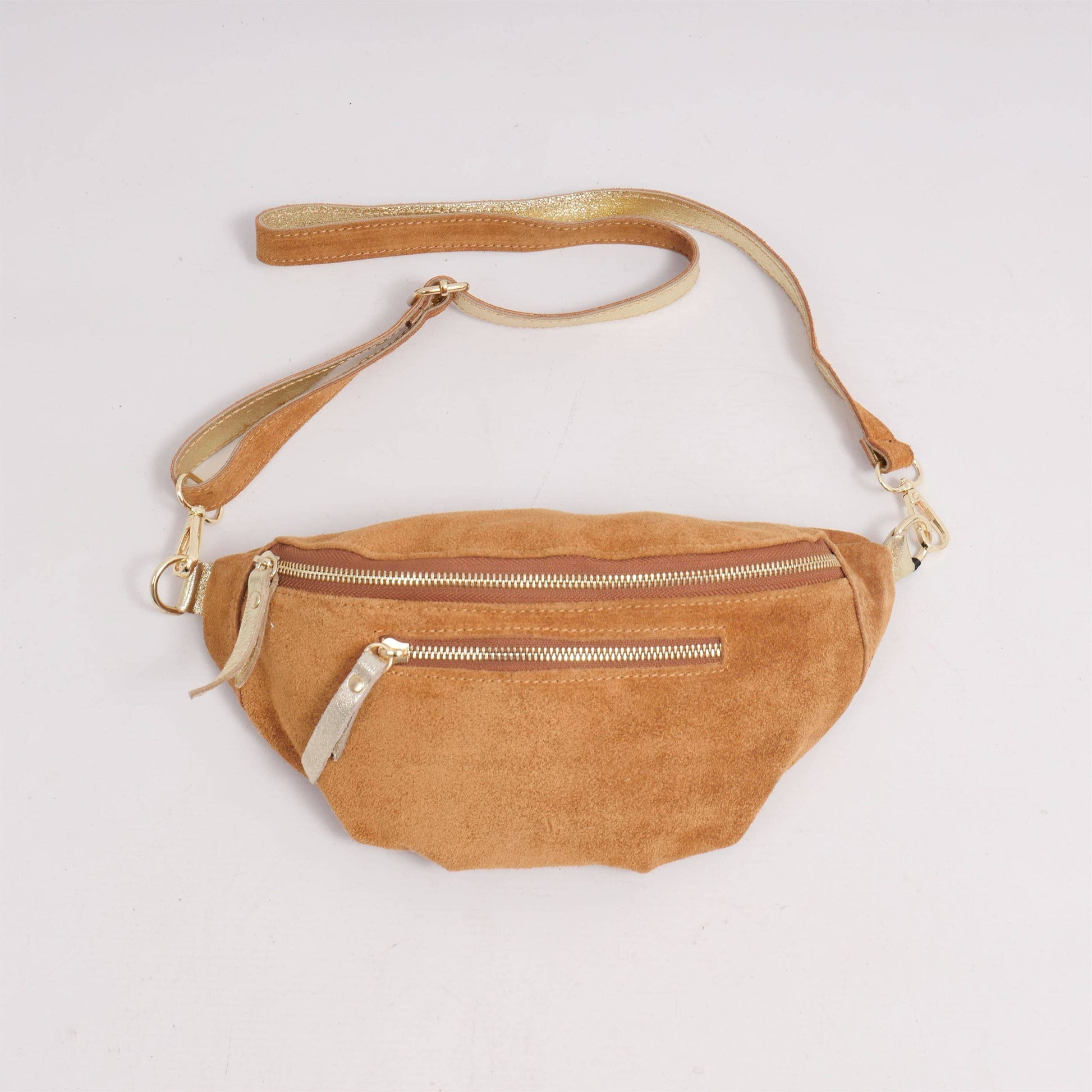 Marsupio in suede con dettagli in pelle dorata