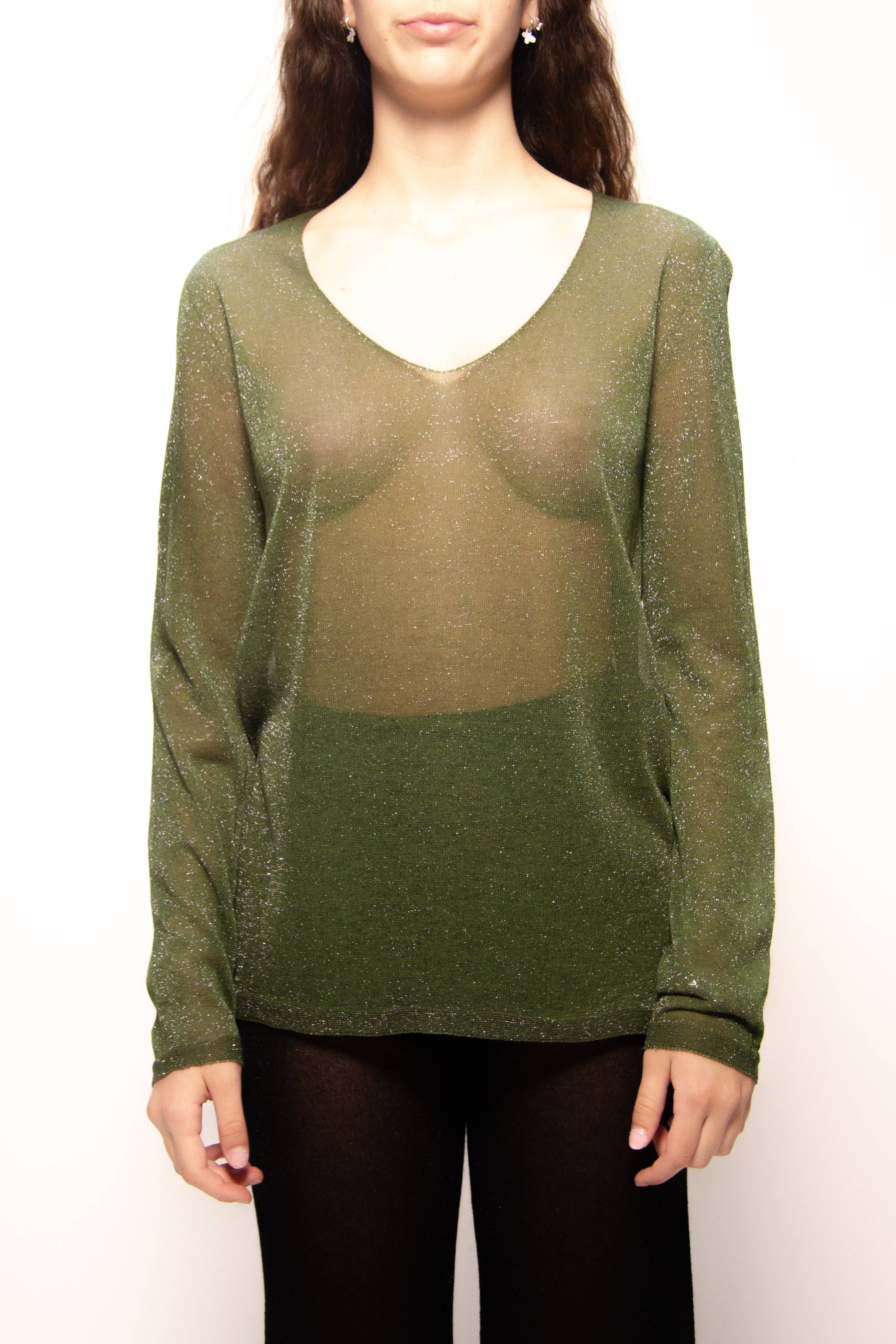 Maglione con scollo a V glitterato in maglia 3D