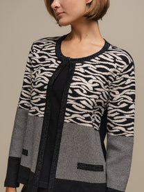 Cardigan donna in maglia jacquard animalier bicolore