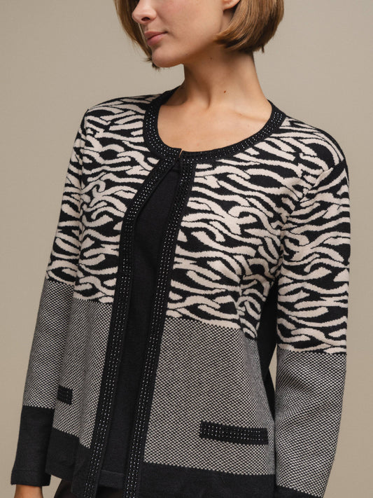 Cardigan donna in maglia jacquard animalier bicolore