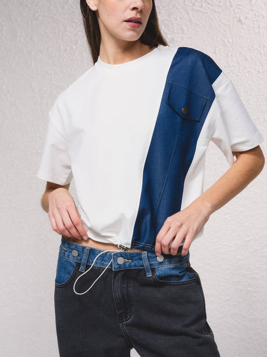T-shirt corta oversize color block con tasca decorativa