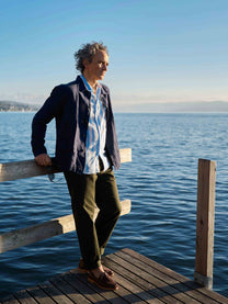 Camicia Orto a maniche corte in lino e cotone biologico a righe blu