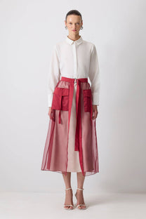 Gonna midi in organza con tasche oversize e cintura