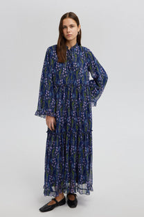 Abito lungo in chiffon floreale con volant stile boho