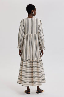 Abito chemisier maxi a righe in cotone con polsini arricciati