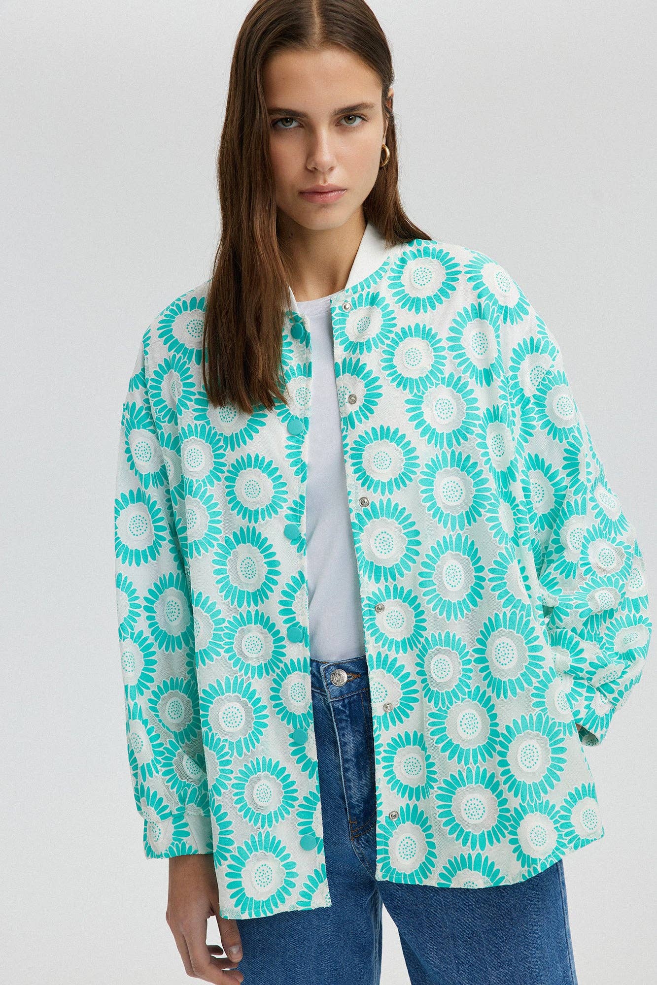 Bomber in pizzo floreale verde menta