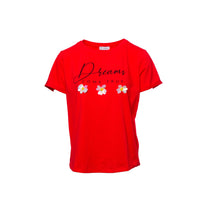 T-shirt Dreams con scritta e fiori applicati