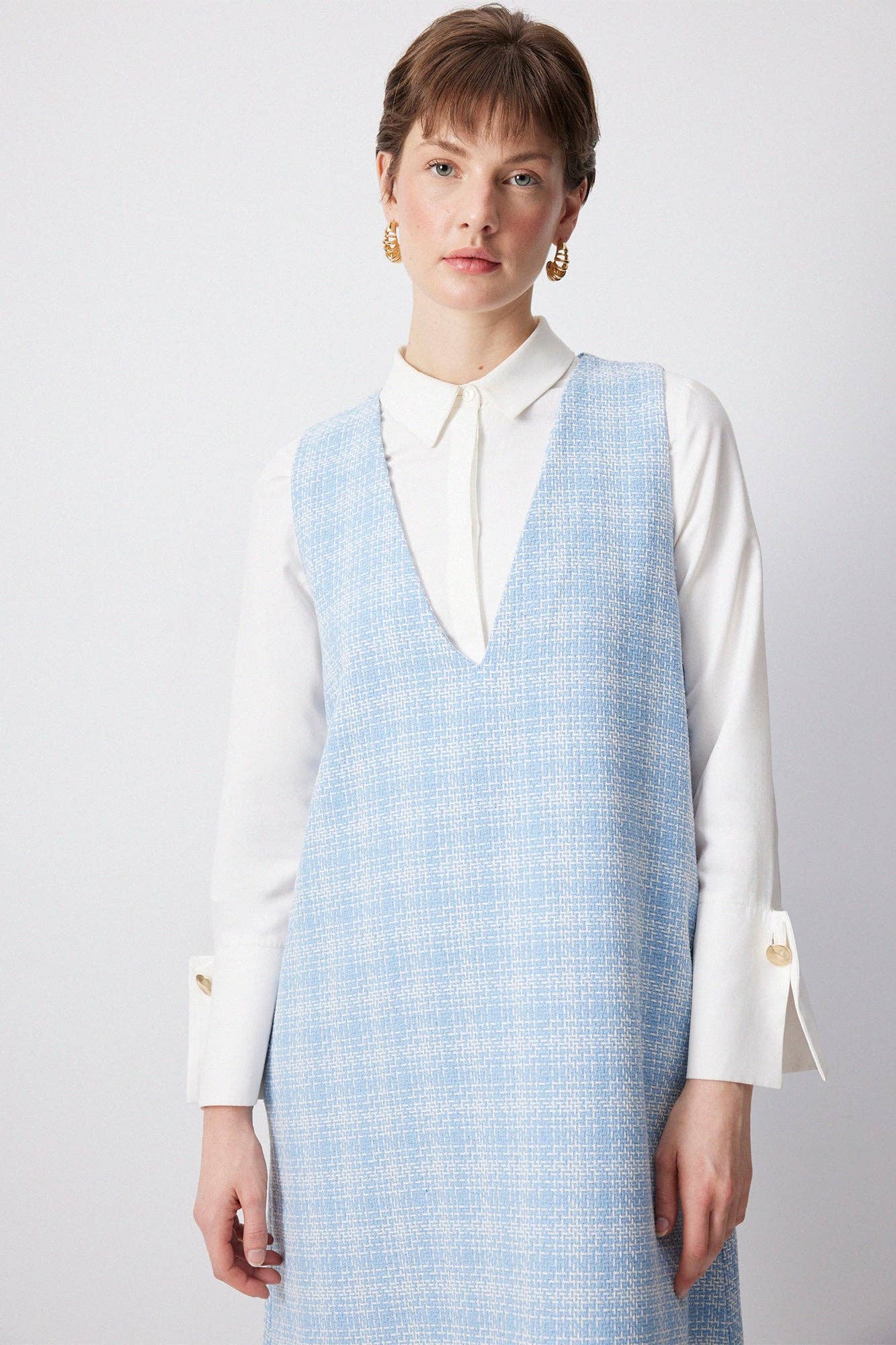 Abito midi in tweed senza maniche azzurro