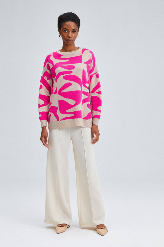Maglione oversize in maglia con fantasia astratta rosa e beige