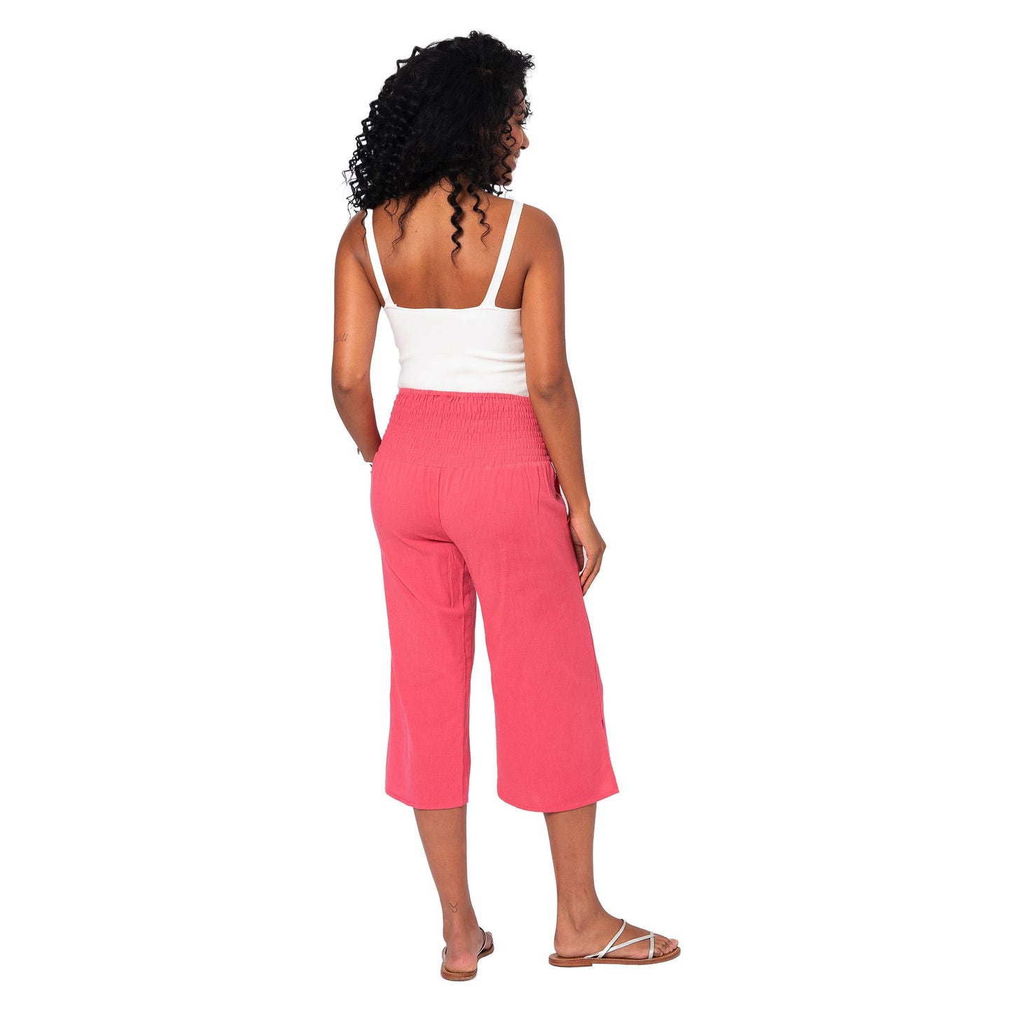 Pantaloni culotte estivi in cotone e lino rosa