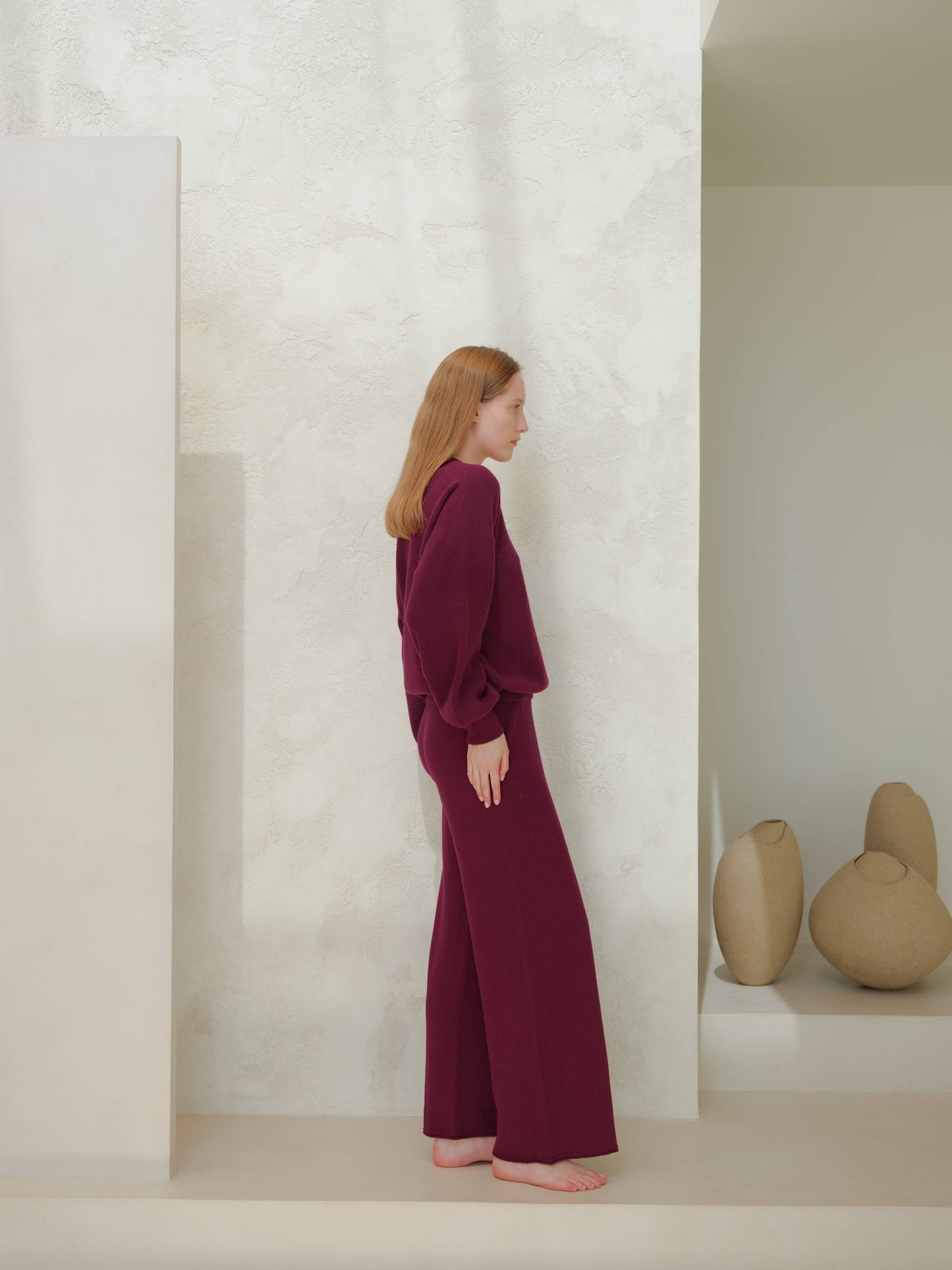 Maglione girocollo a costine in misto cashmere con maniche a palloncino