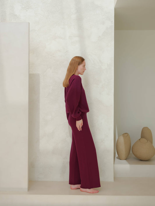 Maglione girocollo a costine in misto cashmere con maniche a palloncino