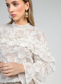 Camicia Soely écru in jacquard trasparente con volant