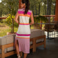 Abito midi a righe multicolor con scollo a V