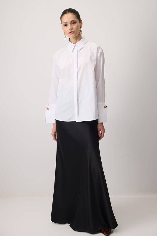 Camicia corta in popeline con polsini ampi