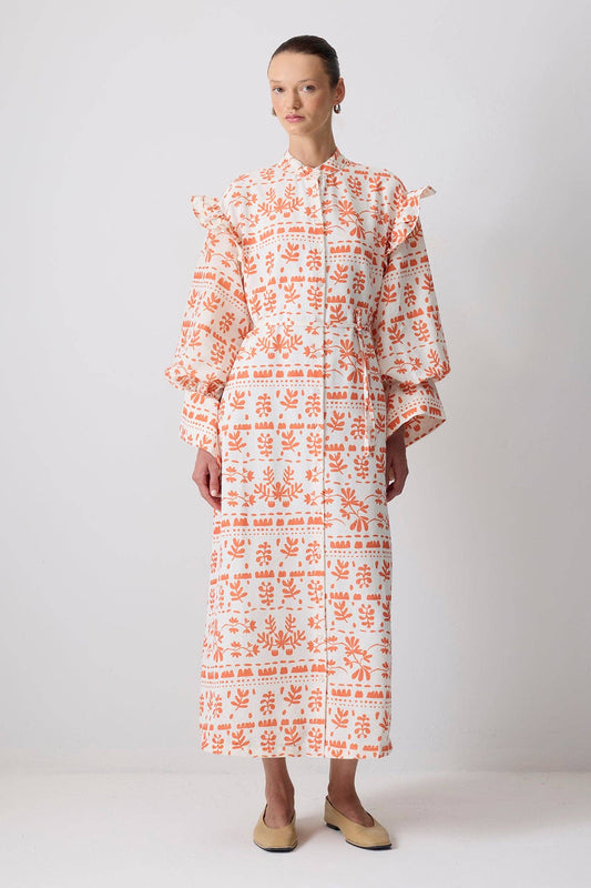 Abito maxi floreale arancione in misto lino con maniche a volant