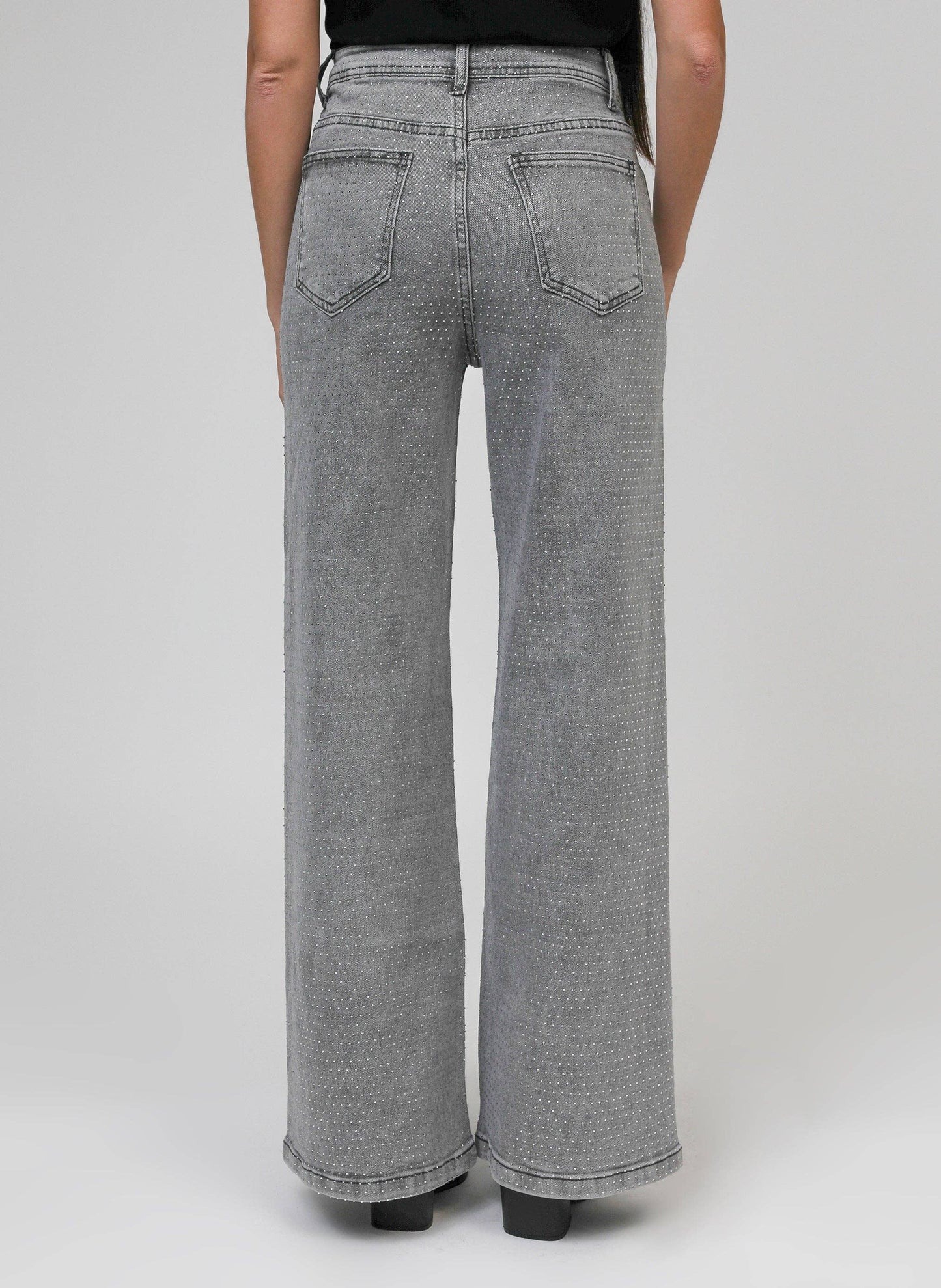 Jeans grigi con paillettes a vita alta
