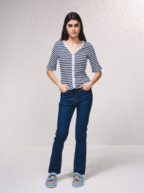 Cardigan a righe con scollo a V e bottoni, manica corta