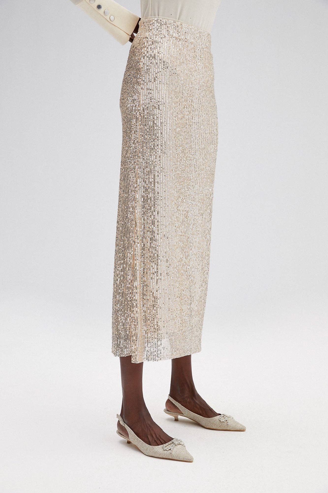 Gonna tubino midi con paillettes argento