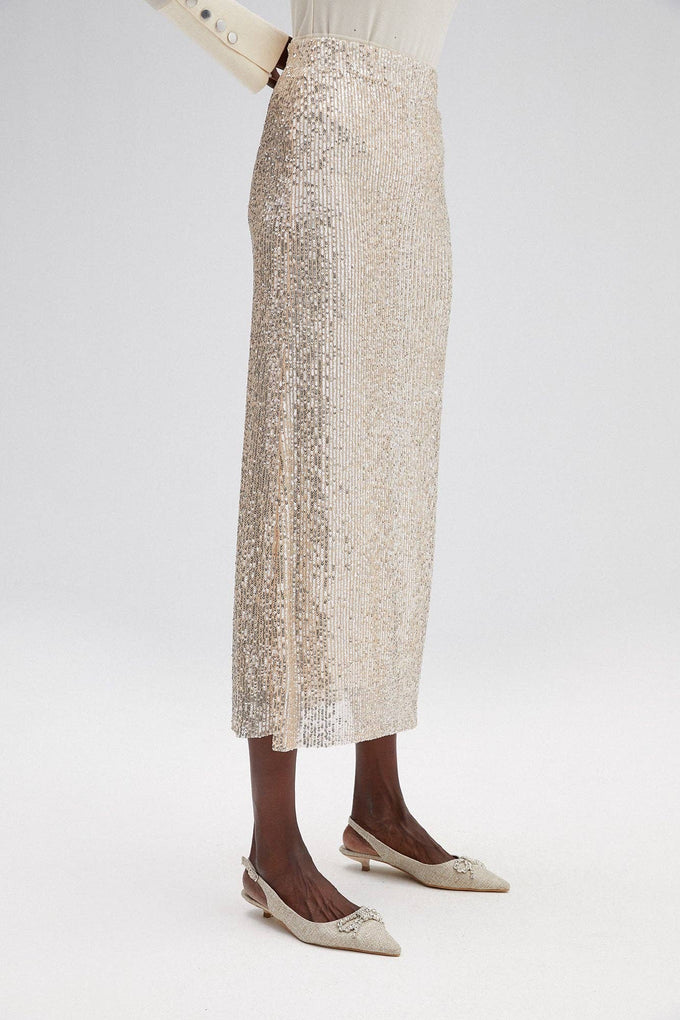 Gonna tubino midi con paillettes argento