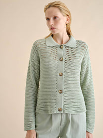 Cardigan traforato in cotone con colletto e bottoni