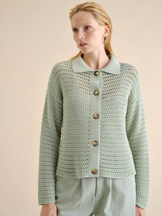 Cardigan traforato in cotone con colletto e bottoni
