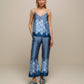 Pantaloni ampi in raso stampato blu